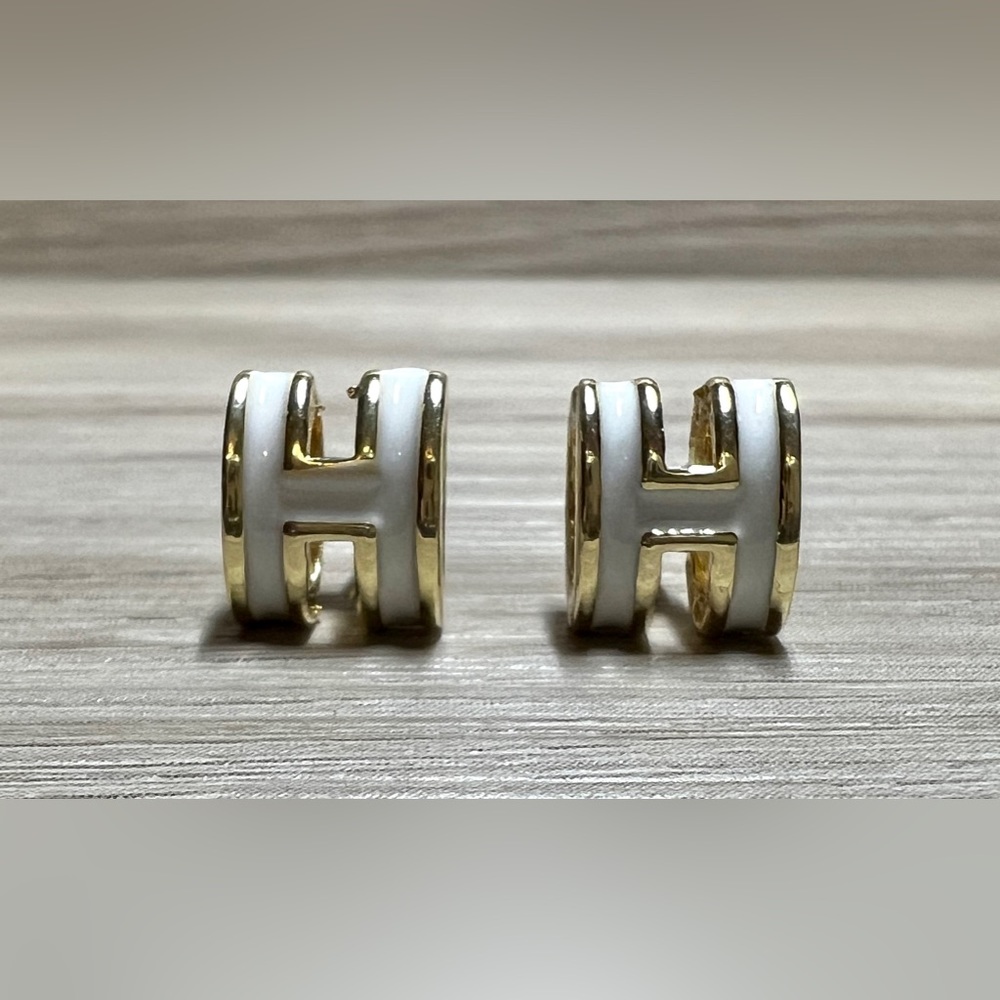 Gold and White H Hoop Earrings - Designer Style